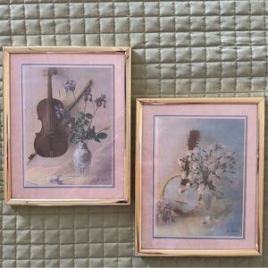 Al Riccio Vintage Brass Framed Matted Set Wall Art Print Floral Picture Music